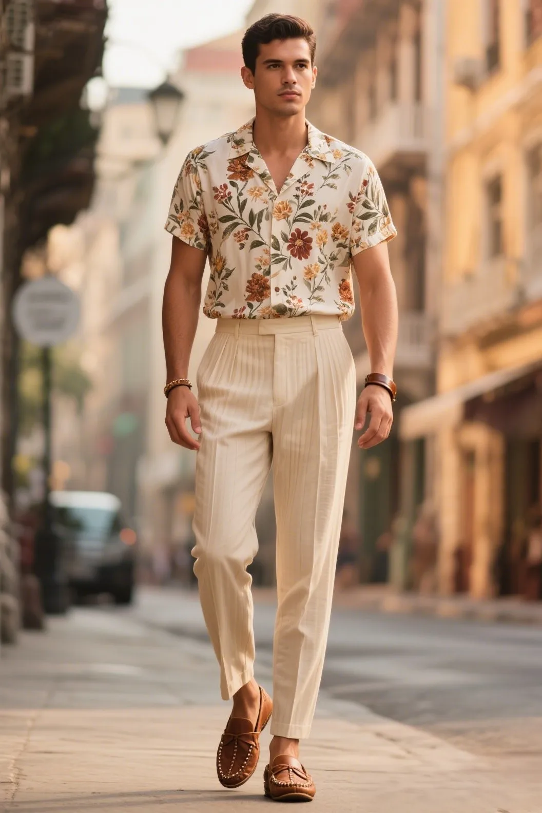 🎨 5. The Artistic Gentleman: Cuban Shirt + Pleated Pants + Moccasins