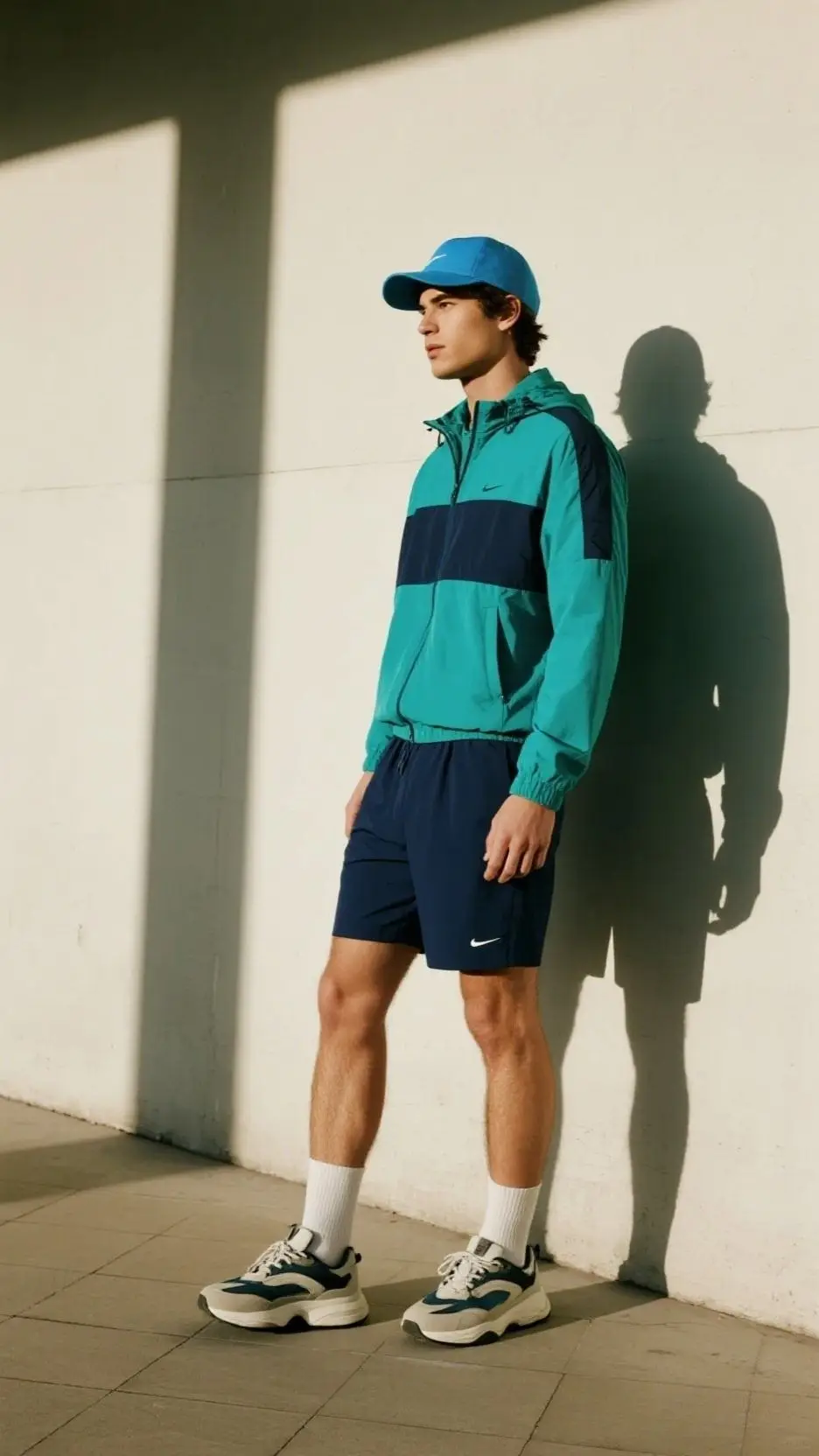 Teal Windbreaker + Navy Sport Shorts + Grey Performance Sneakers + Color-Block Cap