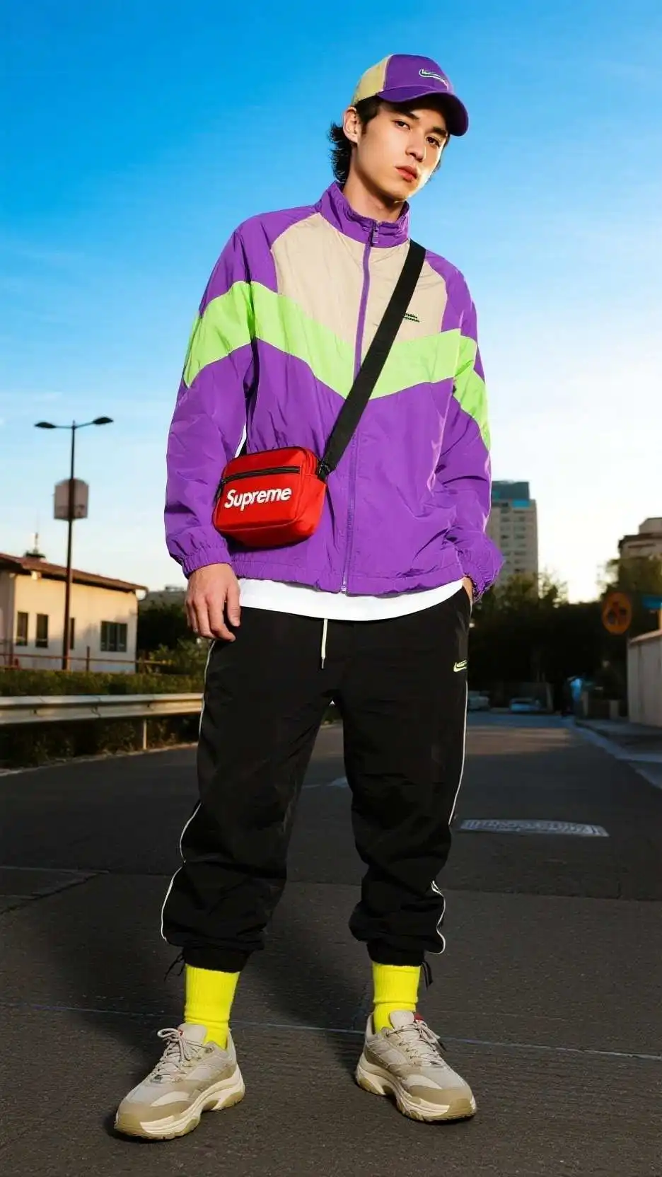 Retro Purple-Green Windbreaker + Black Joggers + Grey-Green Chunky Trainers + Neon Yellow Graphic Socks + Supreme Sling Bag + Navy Cap