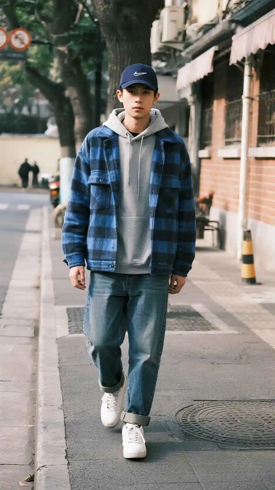 Blue Checkered Wool Coat + Grey Hoodie + Faded Straight-Leg Jeans + White Leather Sneakers + Navy Baseball Cap