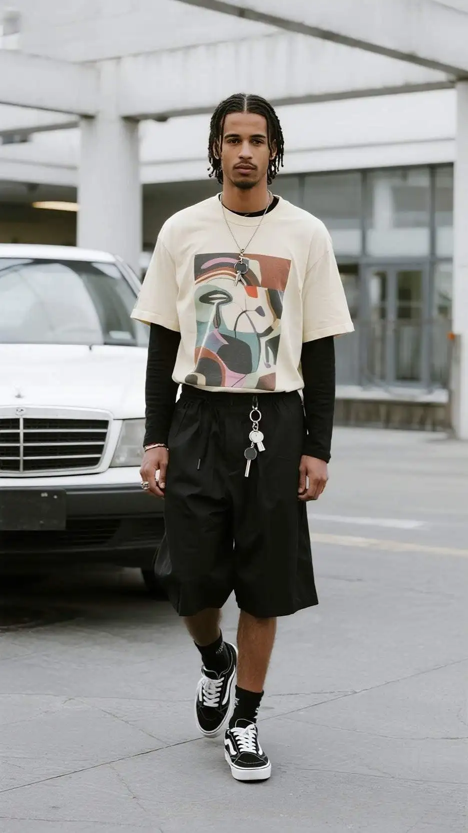 Cropped Beige Slogan Tee + Black Thermal Long Sleeve + Black Wide-Leg Shorts + Vans Old Skool Sneakers + Keychain Accessories