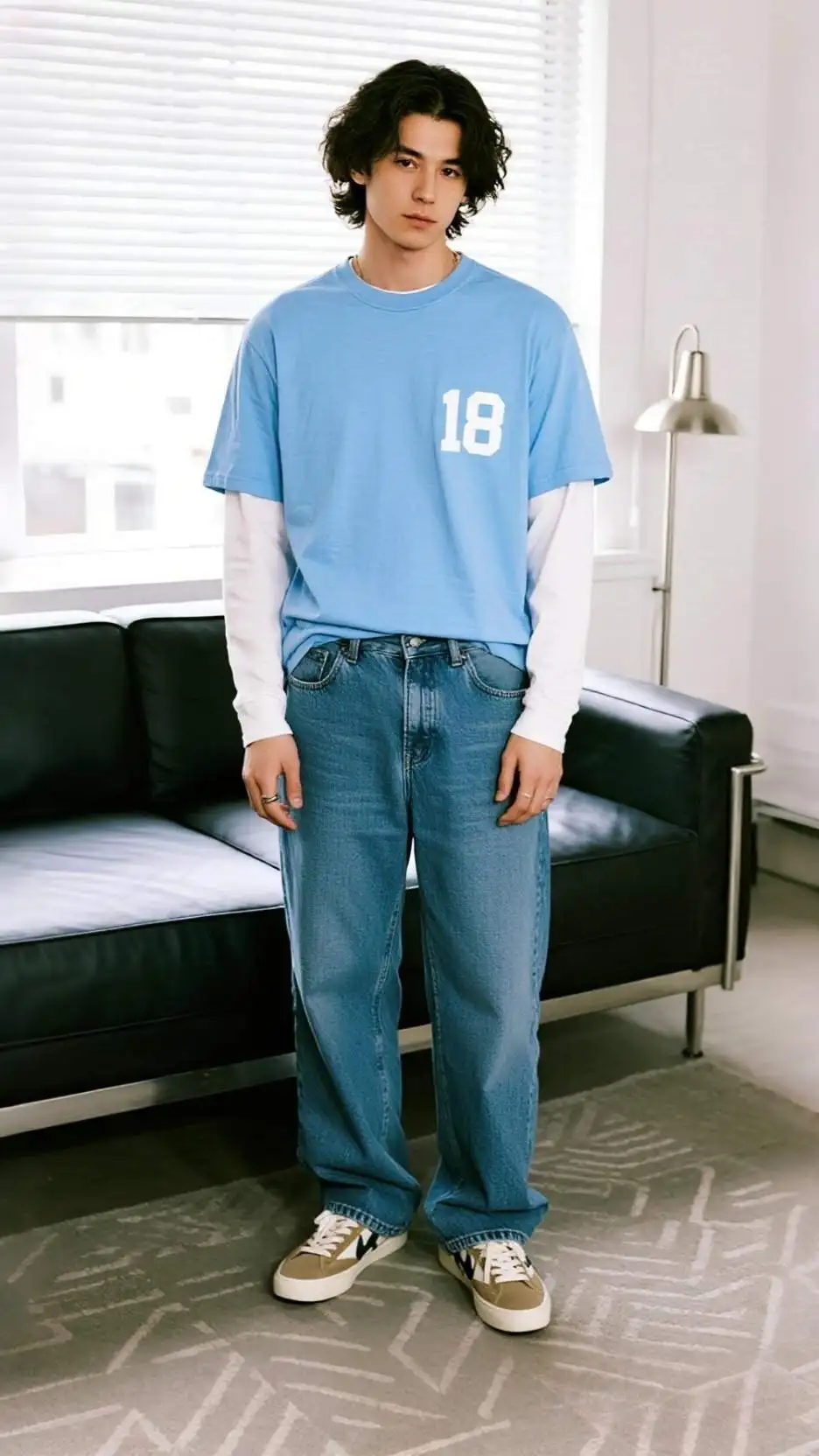 Light Blue Tech Jersey + Cream Long Sleeve + Ultra-Wide Light-Wash Jeans + Clean White Sneakers