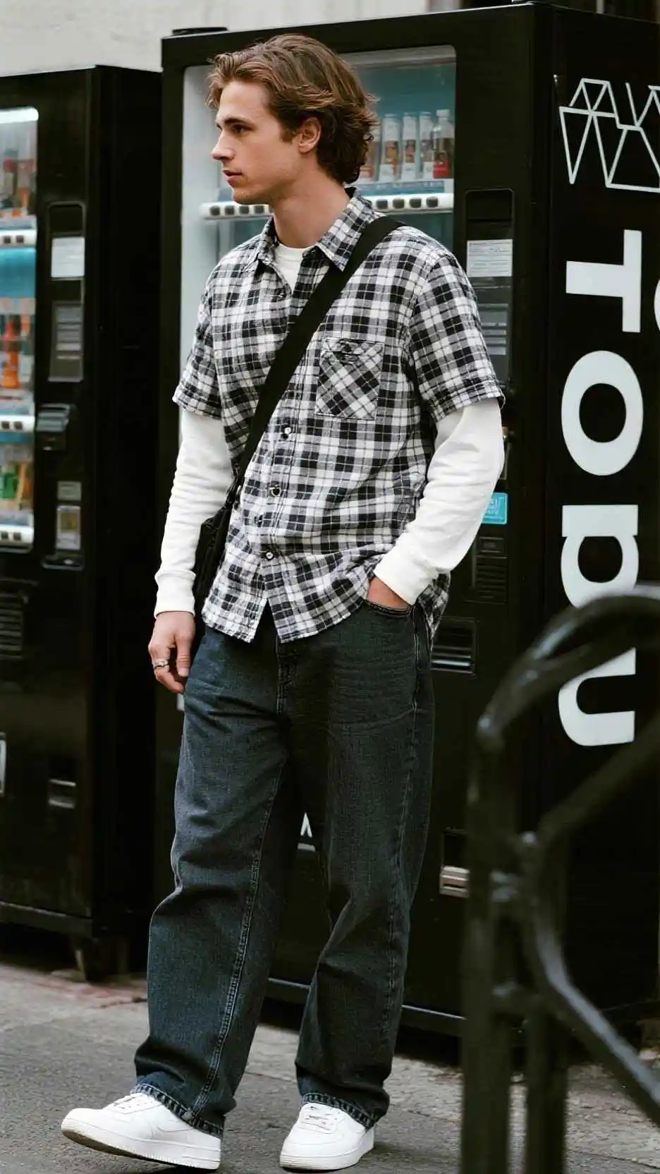 Gingham Short-Sleeve Shirt + White Layering Tee + Loose Stone-Wash Jeans + Classic White Sneakers + Black Crossbody Bag