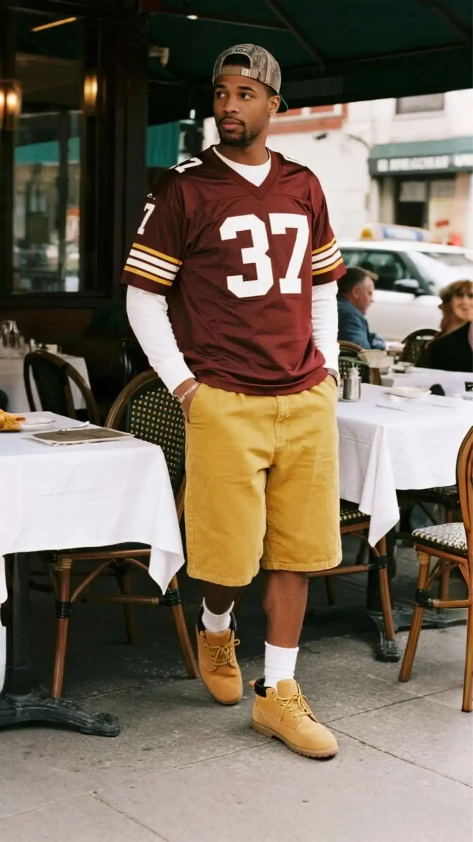 Cream Vintage Jersey Tee + White Long Sleeve + Faded Yellow Bermuda Shorts + Beige Suede Wallabee Shoes + Logo Baseball Cap