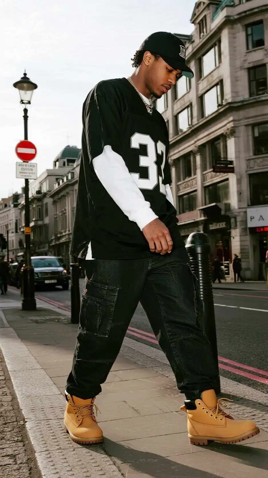 Black Mesh Jersey + White Thermal Undershirt + Oversized Black Denim Jeans + Tan Timberland Boots + Black Cap