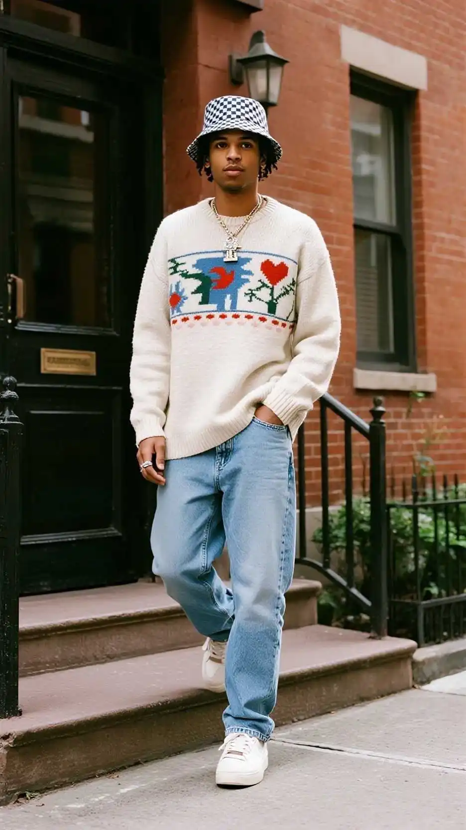 Ivory Graphic Knit Sweater + Light‑Wash Baggy Jeans + White Canvas Sneakers + Checkered Beanie + Heavy Chains