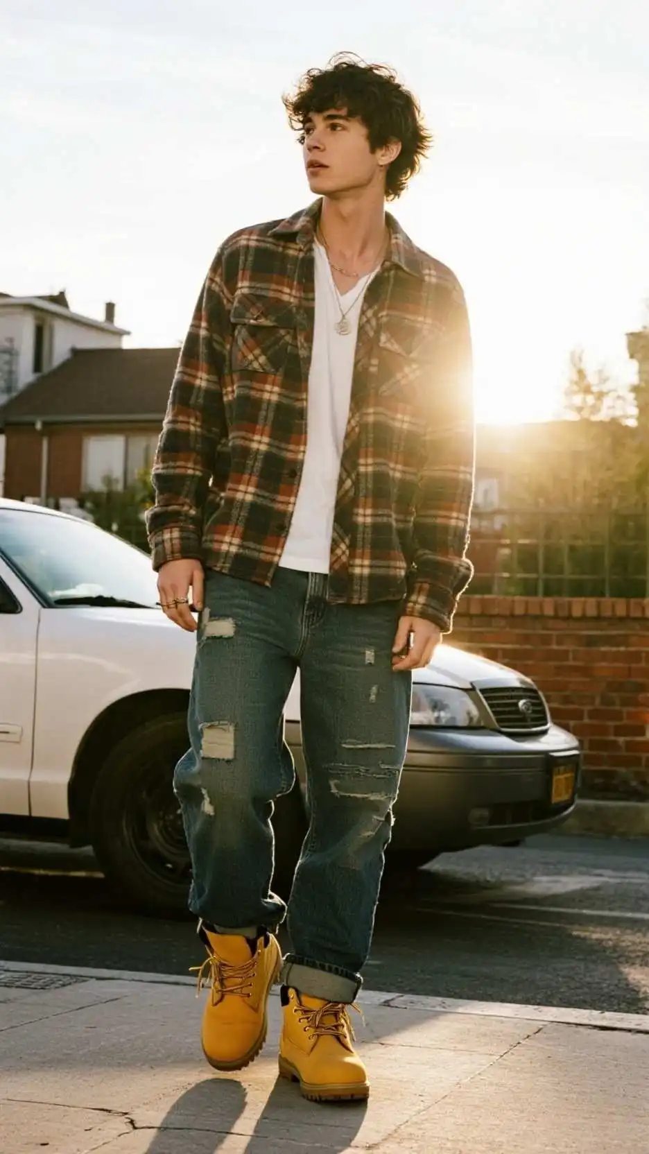 Brown Plaid Flannel + White Tee + Blue Patchwork Baggy Jeans + Yellow Nubuck Boots + Printed Cap