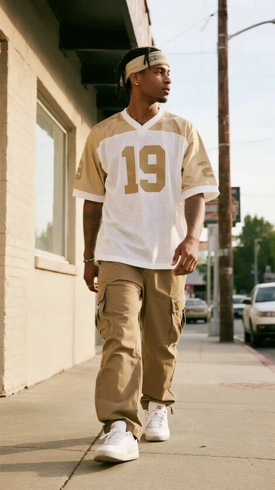 Beige Jersey Shirt + Beige Cargo Pants + White Sneakers + Patterned Headwrap + Silver Wristwear