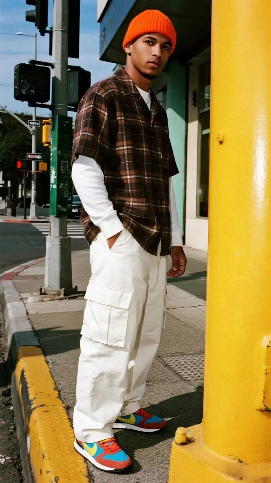 Brown Grid Short‑Sleeve Shirt + White Long Sleeve + Cream Cargo Pants + Yellow‑Black Sneakers + Orange Beanie