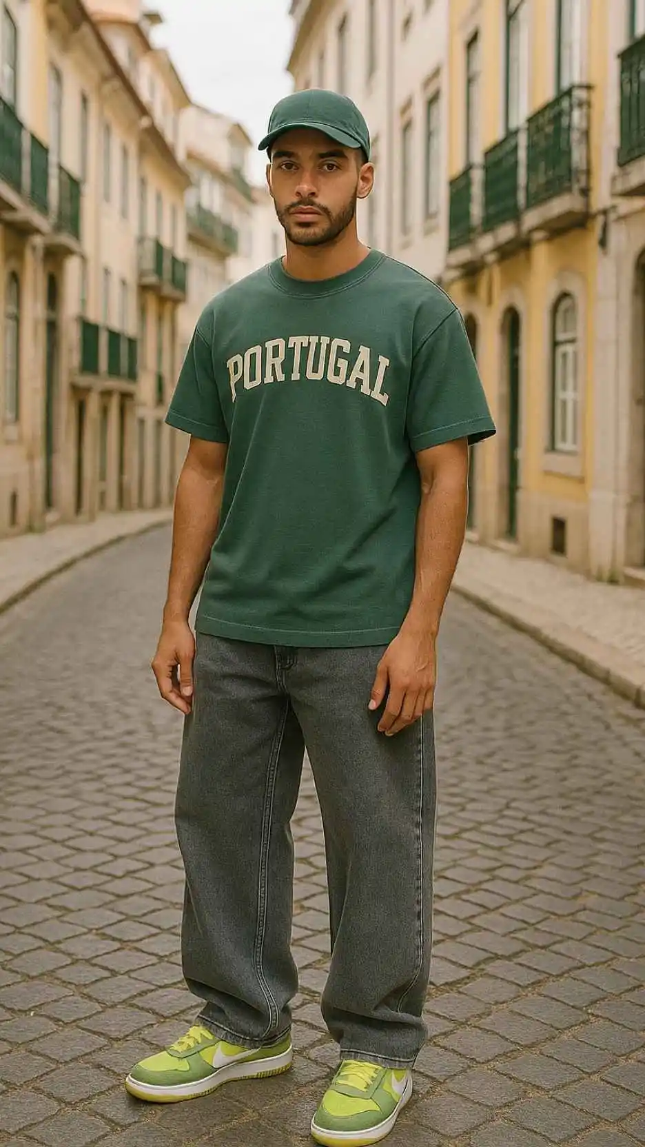 Green “Portugal” Ringer Tee + Bleached Wide‑Leg Jeans + Yellow‑Green Sneakers + Green Cap + Sport Sunglasses