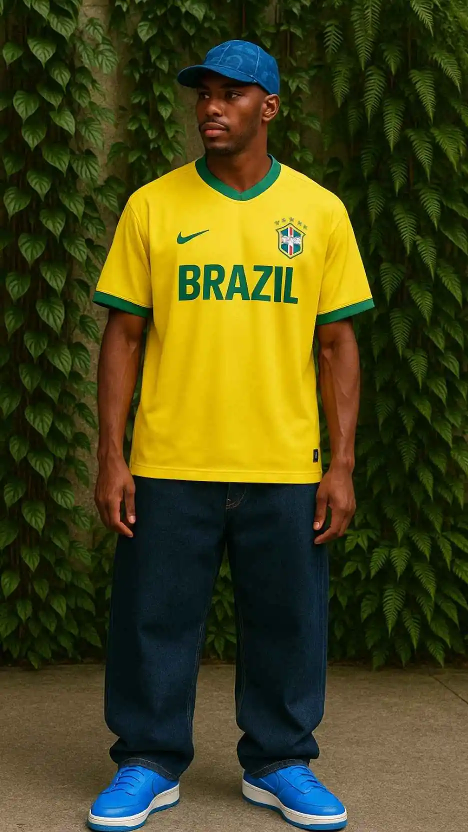 Yellow Brazil Jersey + Baggy Indigo Jeans + Electric Blue Nike Sneakers + Printed Bandana + Dog Tags