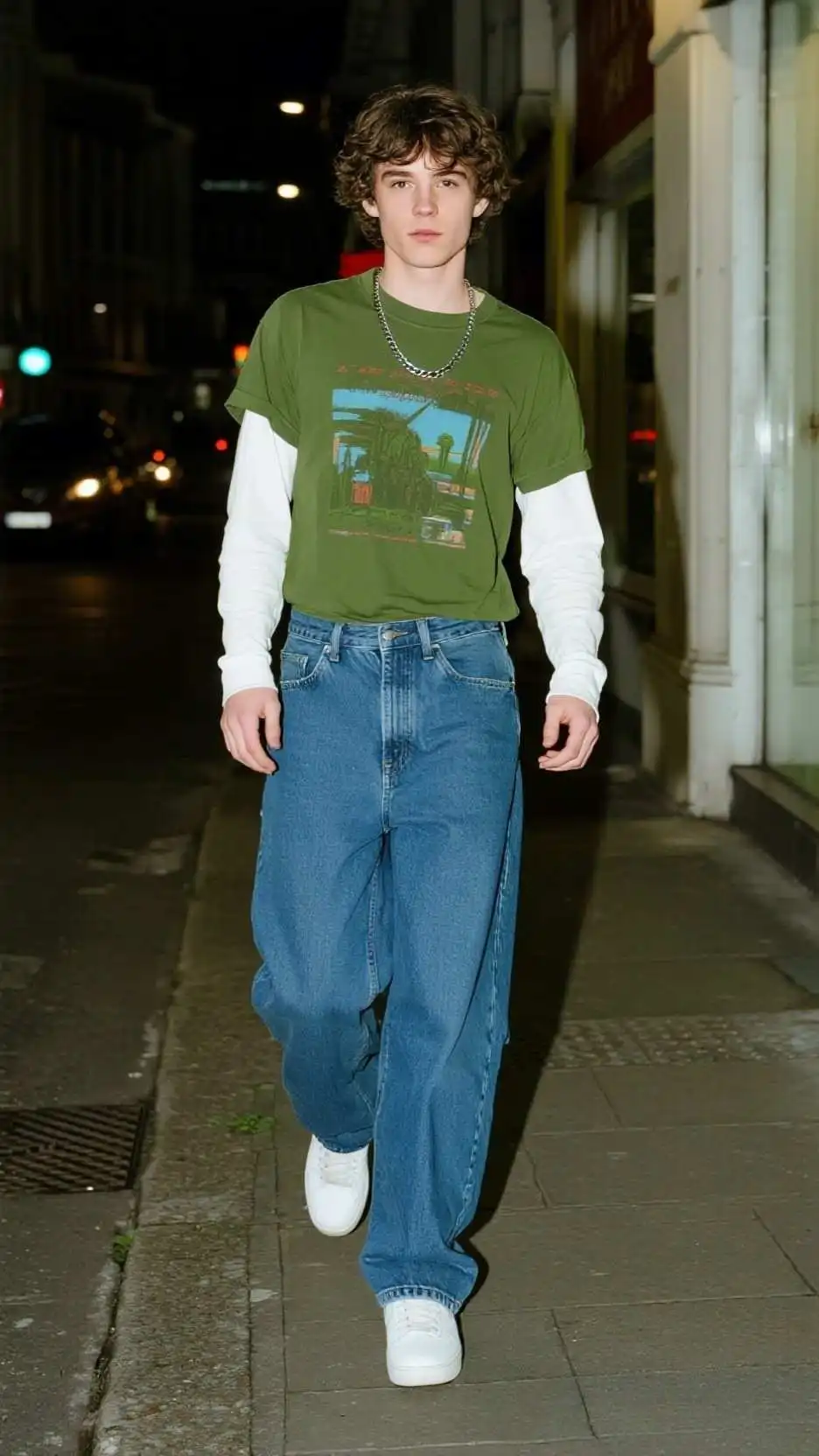 Green Graphic Tee + White Long‑Sleeve Layer + Mid‑Blue Baggy Jeans + White Sneakers + Silver Chain