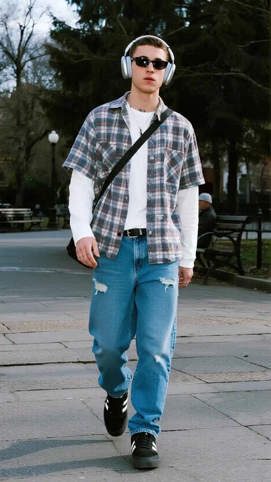 Plaid Short‑Sleeve Button‑Up + White Long‑Sleeve Tee + Distressed Straight Jeans + Black Retro Runners + Over‑Ear Headphones + Crossbody Strap Bag + Rectangular Sunglasses
