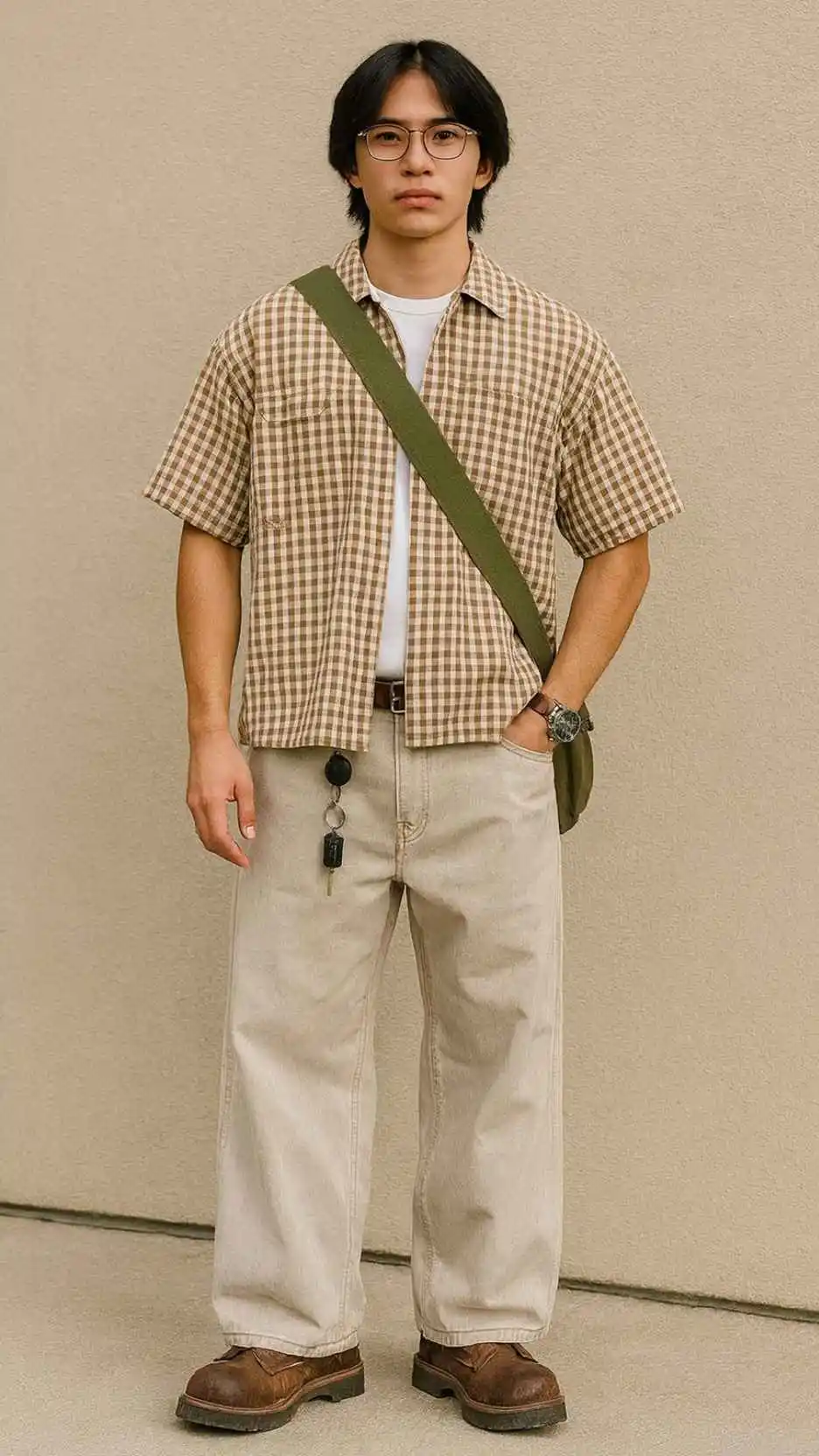 Brown Gingham Short‑Sleeve Button‑Up + White Tee + Stone Wide‑Leg Jeans + Dark Brown Work Boots + Olive Utility Sling + Dangling Carabiner Keys