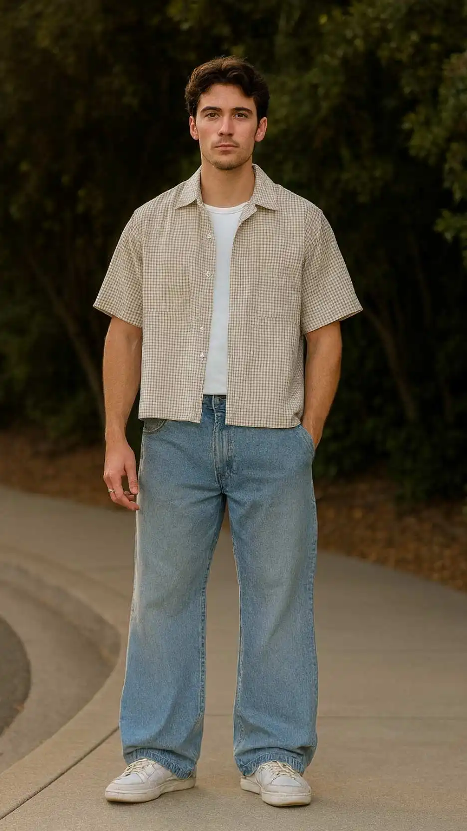 Mini‑Check Camp Shirt + White Tank Tee + Light‑Wash Ultra‑Wide Jeans + Off‑White Canvas Trainers + No‑Frills Leather Wristband