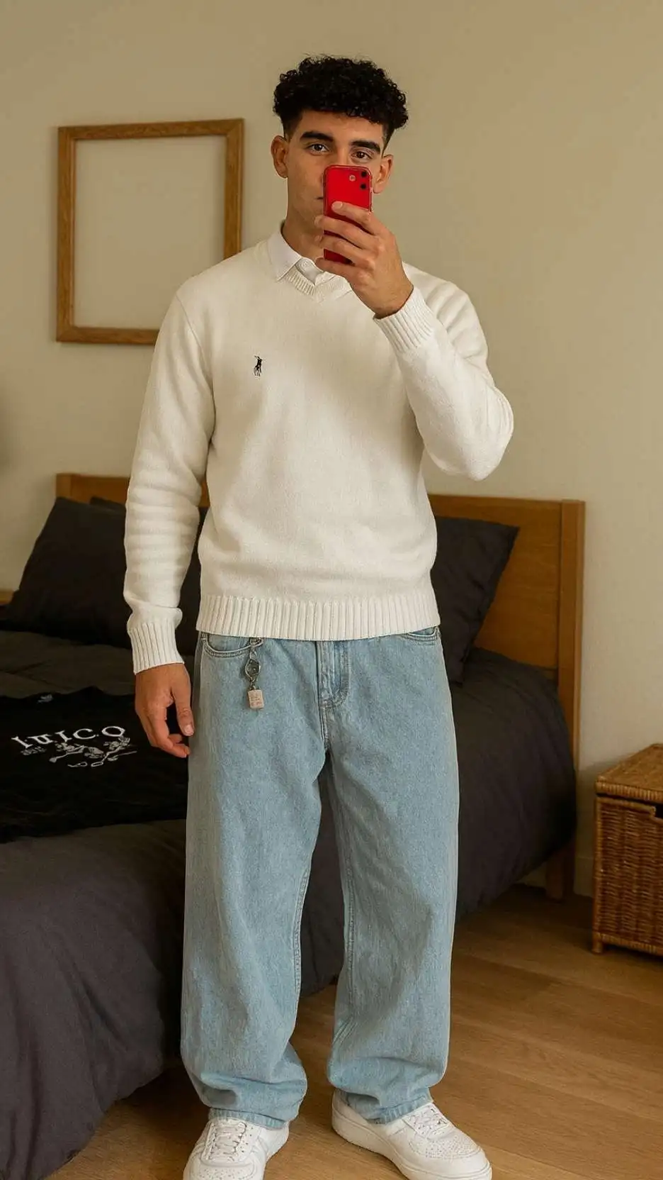 White Knit Sweater‑Over‑Collar + Light‑Blue Wide Jeans + White Court Sneakers + Belt‑Loop Keychain + Wireless Earbud