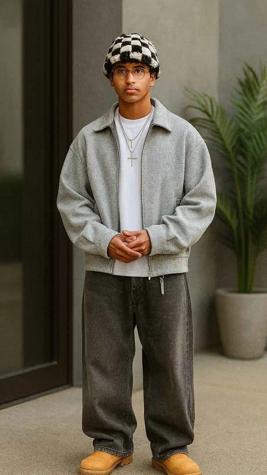 Gray Bomber Fleece + Check Shirt Peek + White Tee + Charcoal Drawcord Jeans + Wheat Timberland Boots + Checkerboard Beanie + Layered Cross Chains