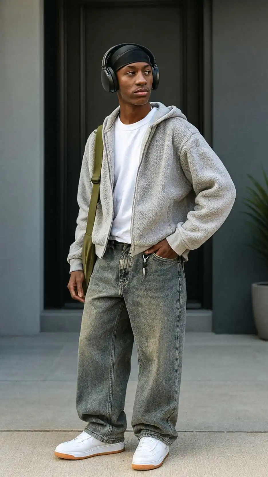 Sherpa Zip Hoodie + White Tee + Olive‑Fade Wide Jeans + White‑Gum Retro Sneakers + Satin Durag + Headphones + Olive Messenger Bag