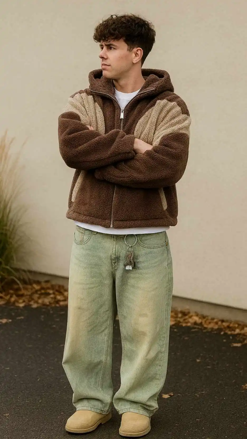 Brown‑Taupe Fleece Jacket + White Tee + Sage‑Tint Loose Jeans + Light‑Beige Wallabees + Belt‑Loop Keyring