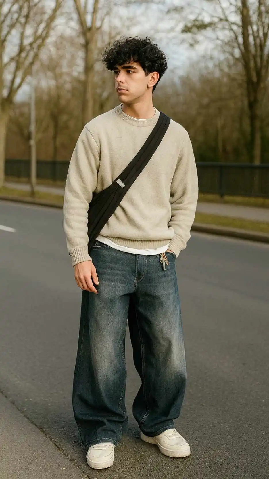 Light Gray Crew Sweater + White Tee Hem Peek + Dark Fade XXL Jeans + Off‑White Skate Sneakers + Crossbody Sling + Color Pop Keychain
