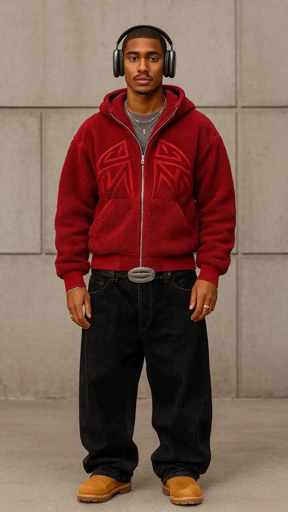 Red Sherpa Zip Hoodie + Black Super‑Wide Jeans + Wheat Timberland Boots