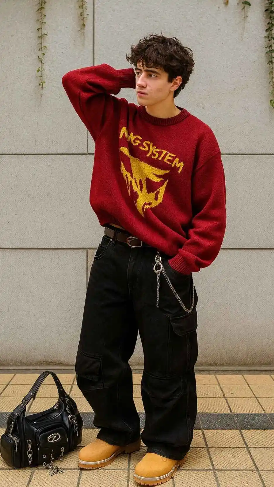 Red Graphic Sweater + Black Cargo Denim + Wheat Timberland Boots