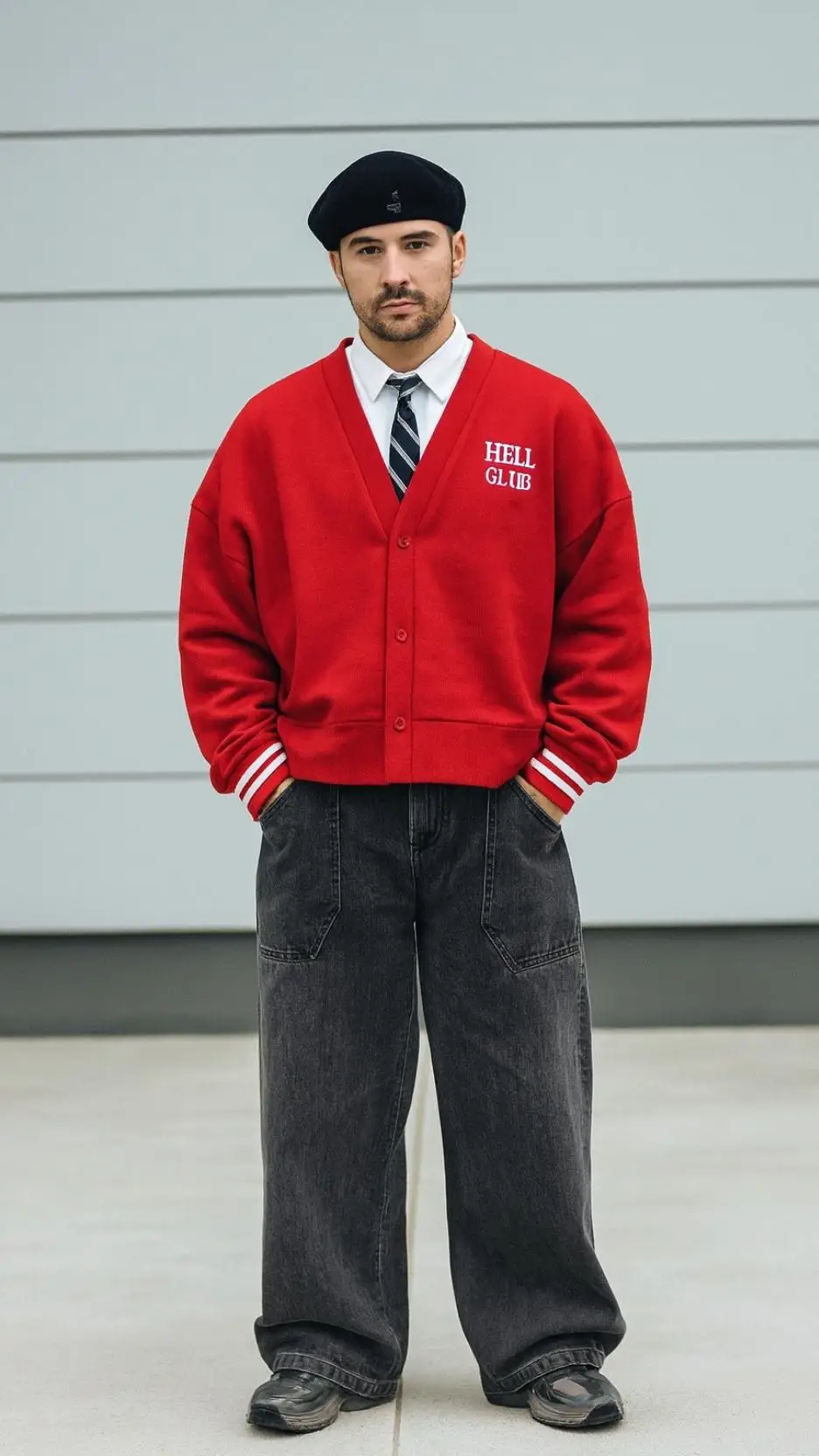 Red Cropped Varsity Jacket + White Shirt & Thin Tie + Charcoal Balloon Jeans + Black Derby Shoes