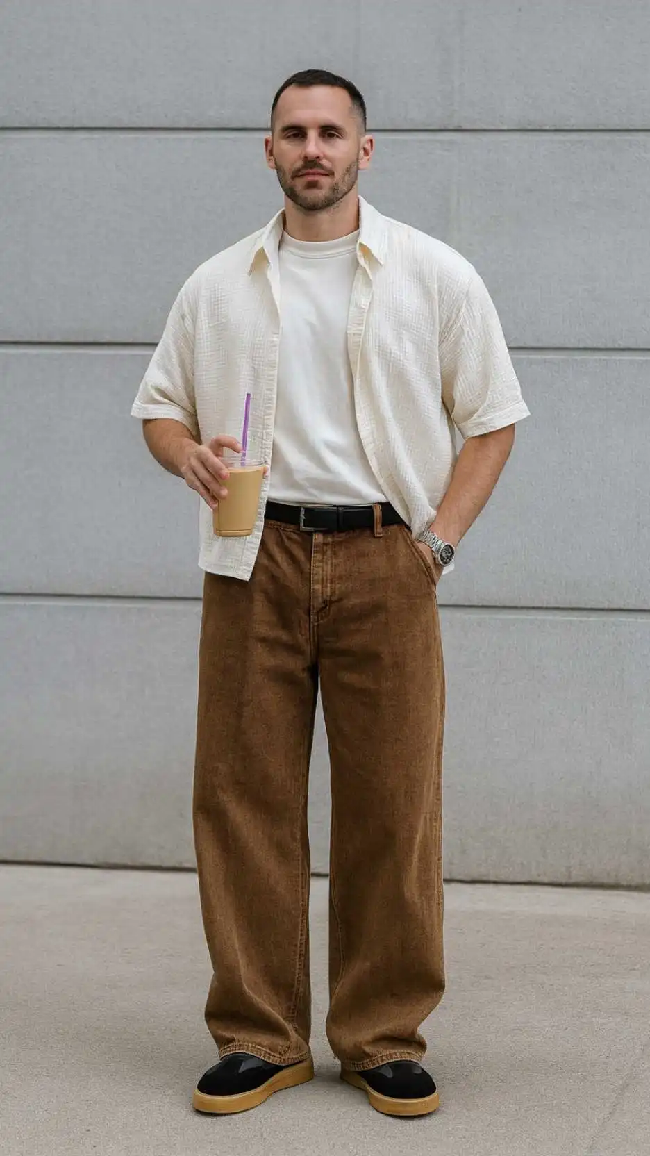 Ivory Crinkle Shirt + White Tee + Coffee‑Brown Wide Jeans + Black‑Toe Gum‑Sole Sneakers