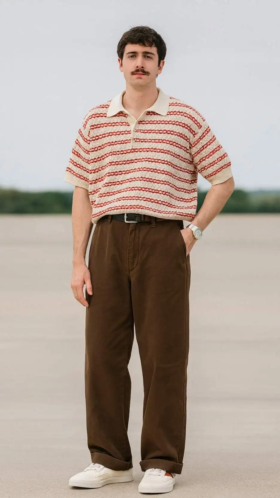 Cream‑Red Knit Polo + Dark‑Brown Chinos + White Slip‑On Sneakers + Slim Strap Watch