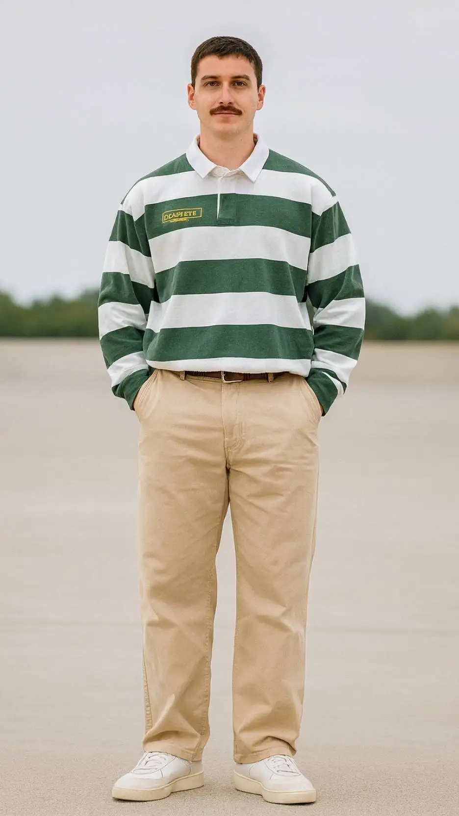 Green‑White Rugby Top + Beige Relaxed Chinos + White Court Sneakers + Side‑Clip Keychain