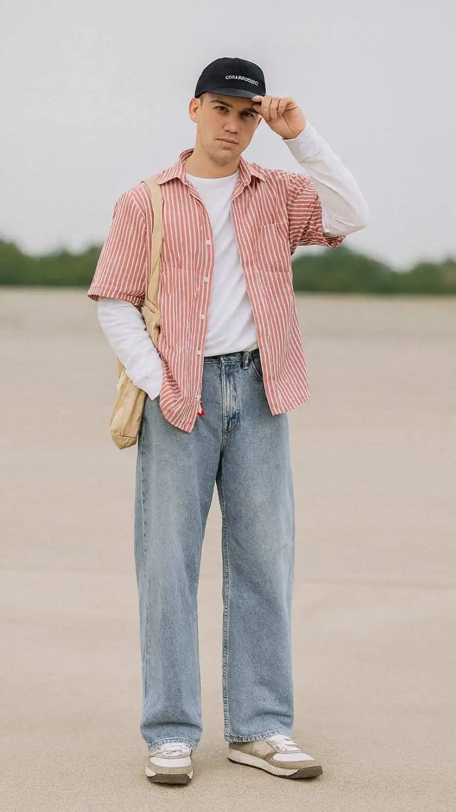 Red‑White Striped Camp Shirt + White Long‑Sleeve Base + Light‑Wash Balloon Jeans + Grey Skate Sneakers