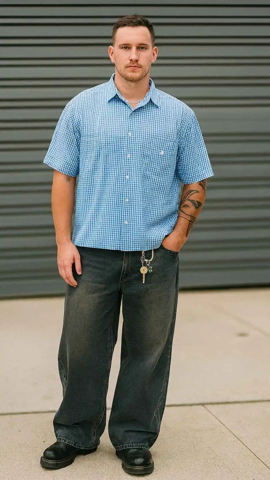 Cropped Blue Gingham Shirt + Layered Silver Chains + Charcoal Mega‑Jeans + Black Chunky Loafers