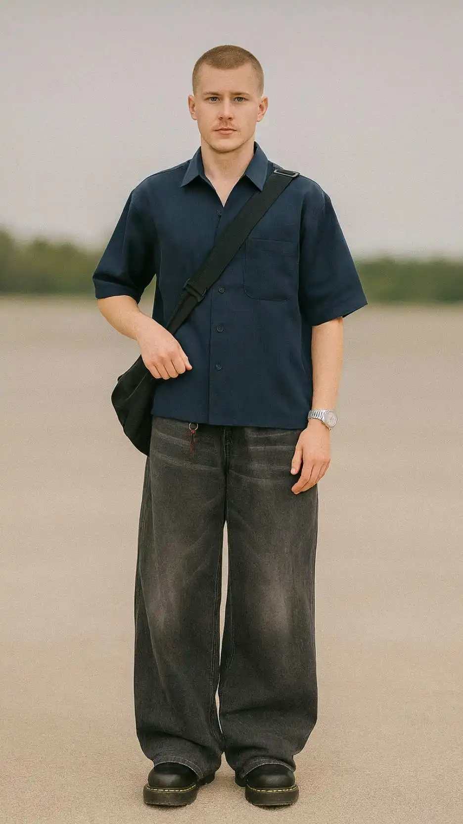 Navy Box Shirt + Black Nylon Sling + Grey Fade Puddle Jeans + Black Platform Clogs
