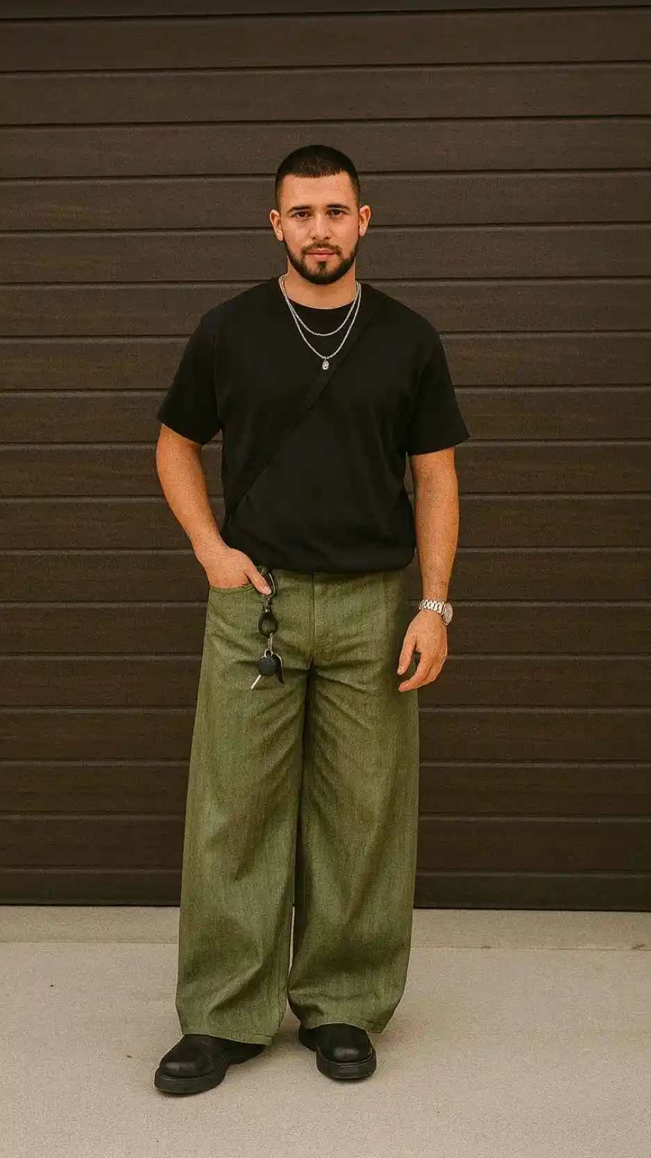 Faded Black Tee + Olive Wide Denim + Black Derby Shoes + Black Crossbody Strap