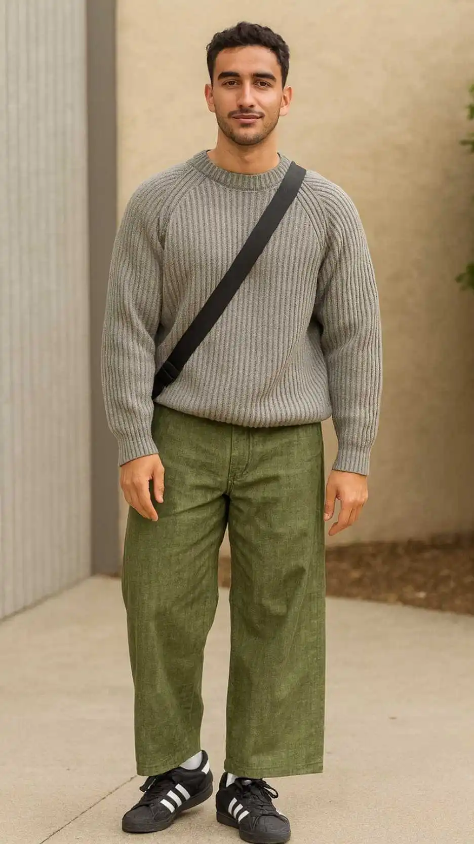 Grey Ribbed Sweater + Olive Balloon Jeans + Black Adidas Sambas + White Crew Socks