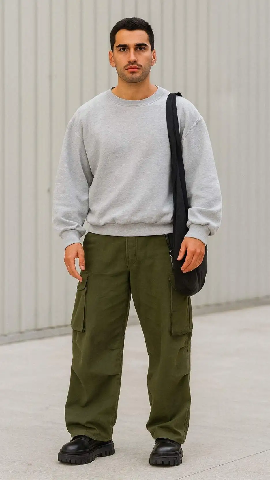 Heather Grey Sweatshirt + Cargo‑Pocket Olive Pants + Black Treaded Slip‑Ons + Oversize Black Tote