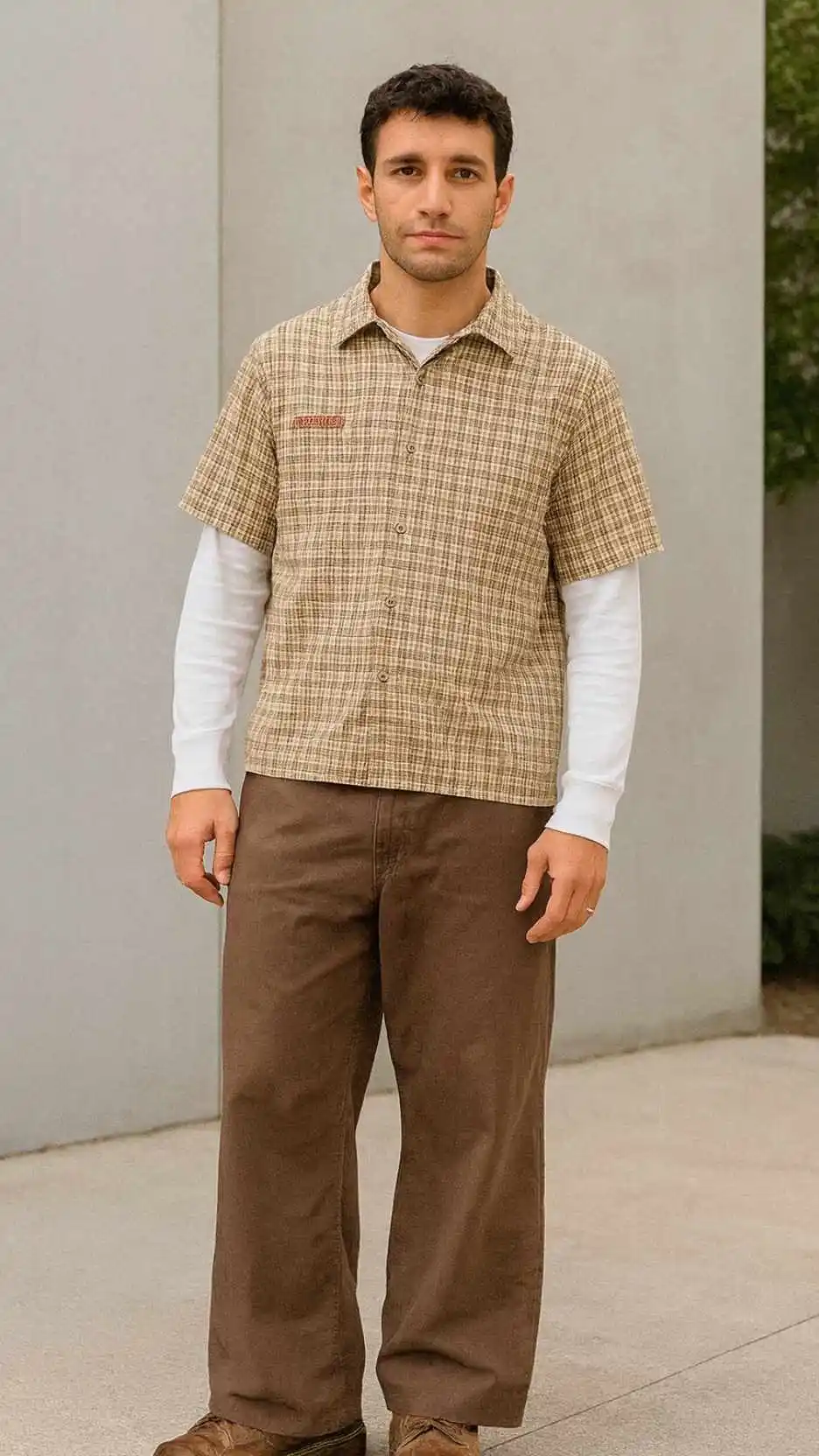 Beige Plaid Mechanic Shirt + White Thermal Sleeves + Chocolate Work Trousers + Distressed Brown Work Boots