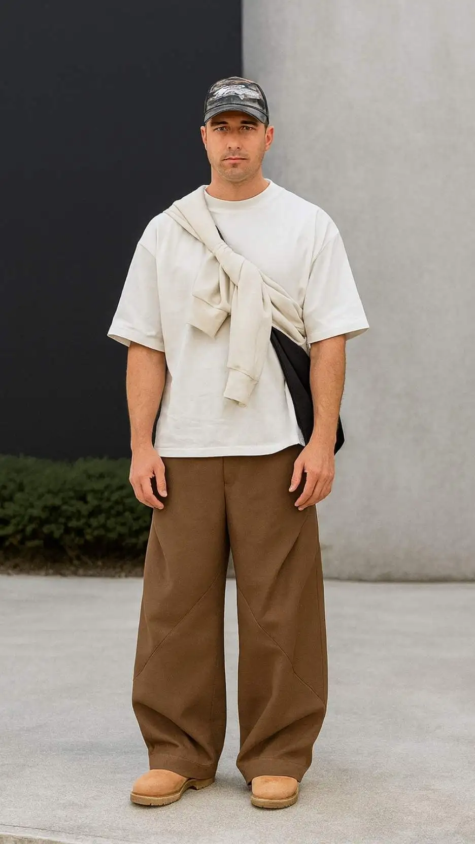 Off‑White Box Tee + Coffee Wide Trousers + Wheat Nubuck Boots + Camo Baseball Cap + Black Sling Bag