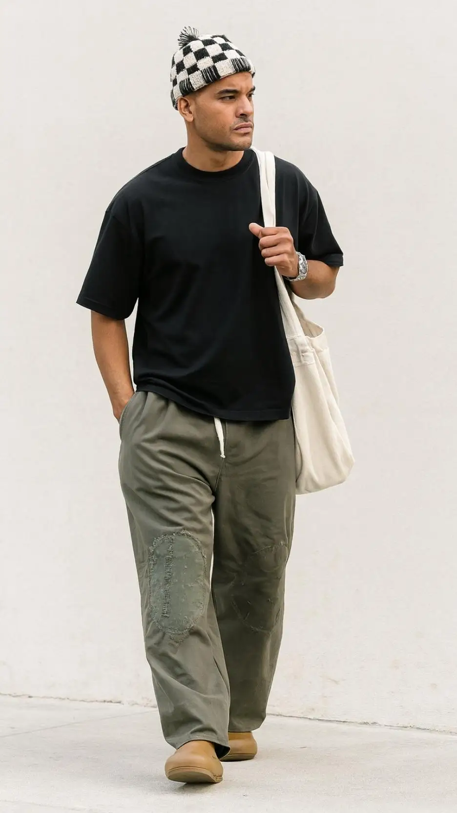 Oversize Black Tee + Checkerboard Knit Beanie + Patched Olive Wide Pants + Honey Rubber Work Boots