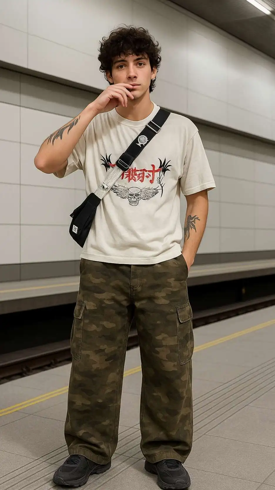 White Graphic Tee + Camo Wide‑Leg Pants + Chunky Trail Sneakers