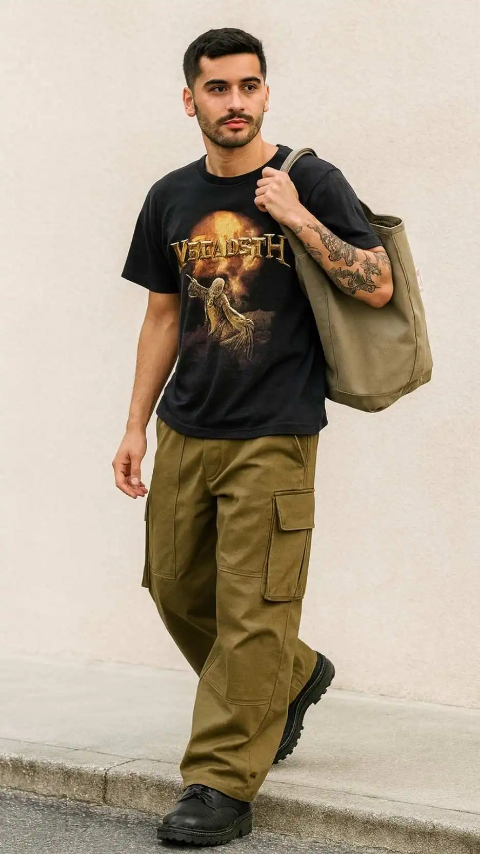 Band Graphic Tee + Olive Cargo Trousers + Black Derby Boots
