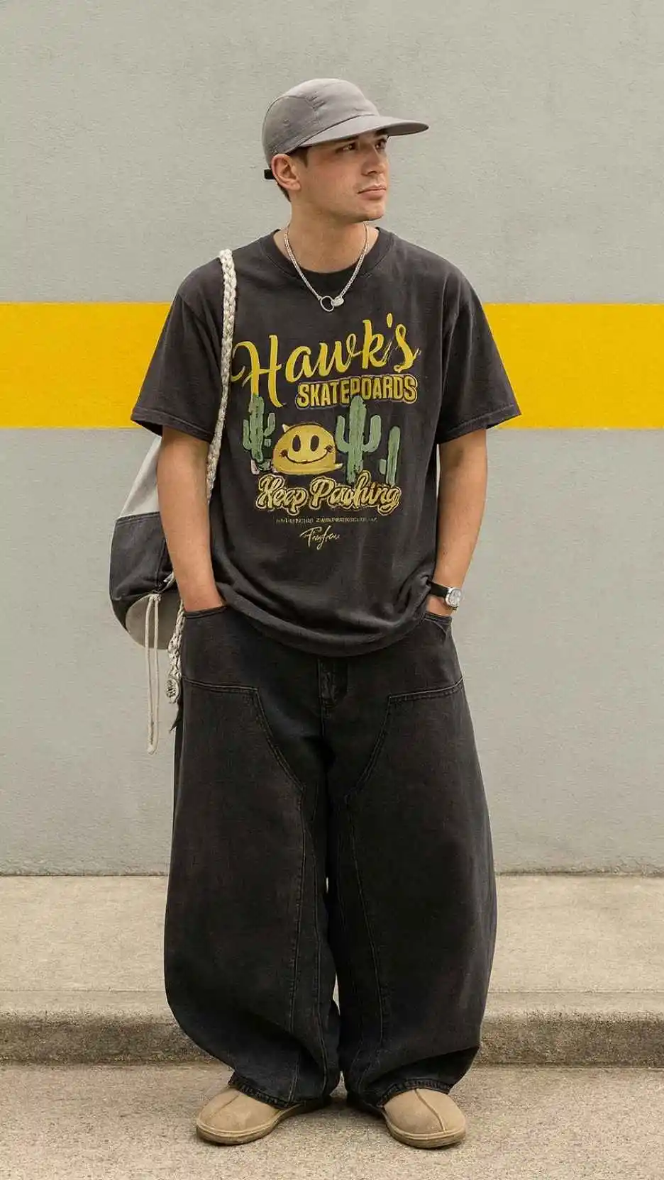 Skateboard Logo Tee + Charcoal Balloon Jeans + Taupe Slip‑Ons