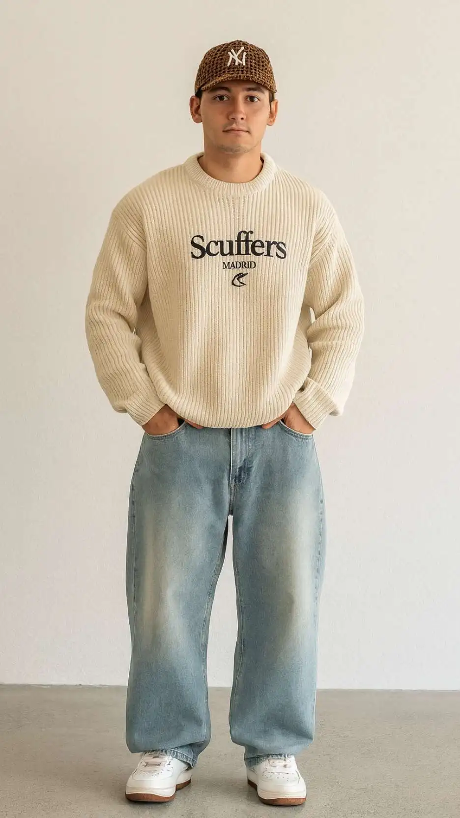 Cream Ribbed Sweater + Gingham NY Cap + Pale Denim + White Court Sneakers