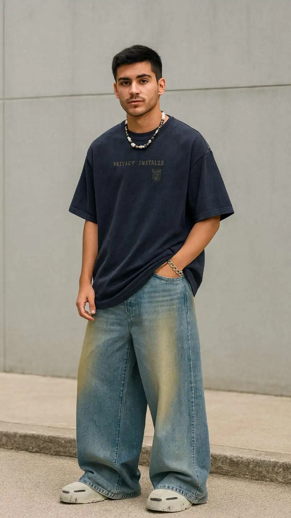 Navy Oversize Tee + Bleach‑Fade Mega Jeans + Grey Tech Sandals