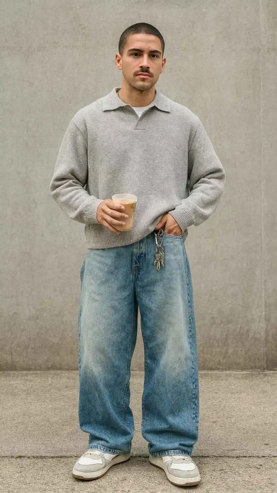 Heather Grey Knit Polo + Light Wash Denims + Retro Grey‑White Trainers