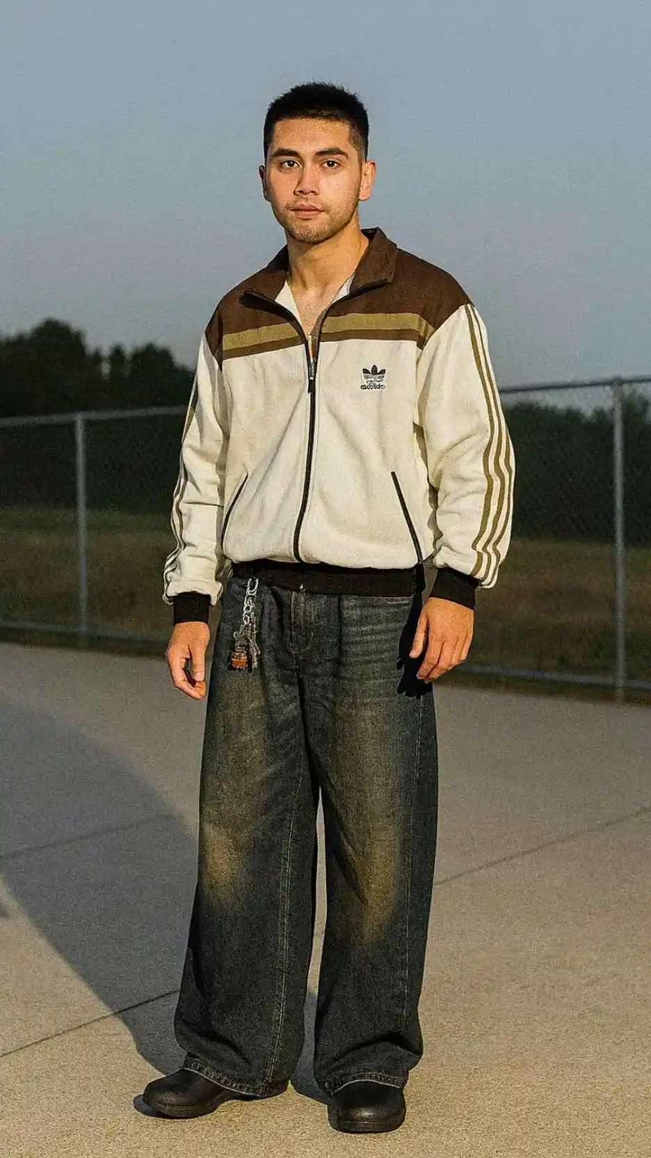 Retro Adidas Track Jacket + Dark Puddle Jeans + Black Rubber Clogs