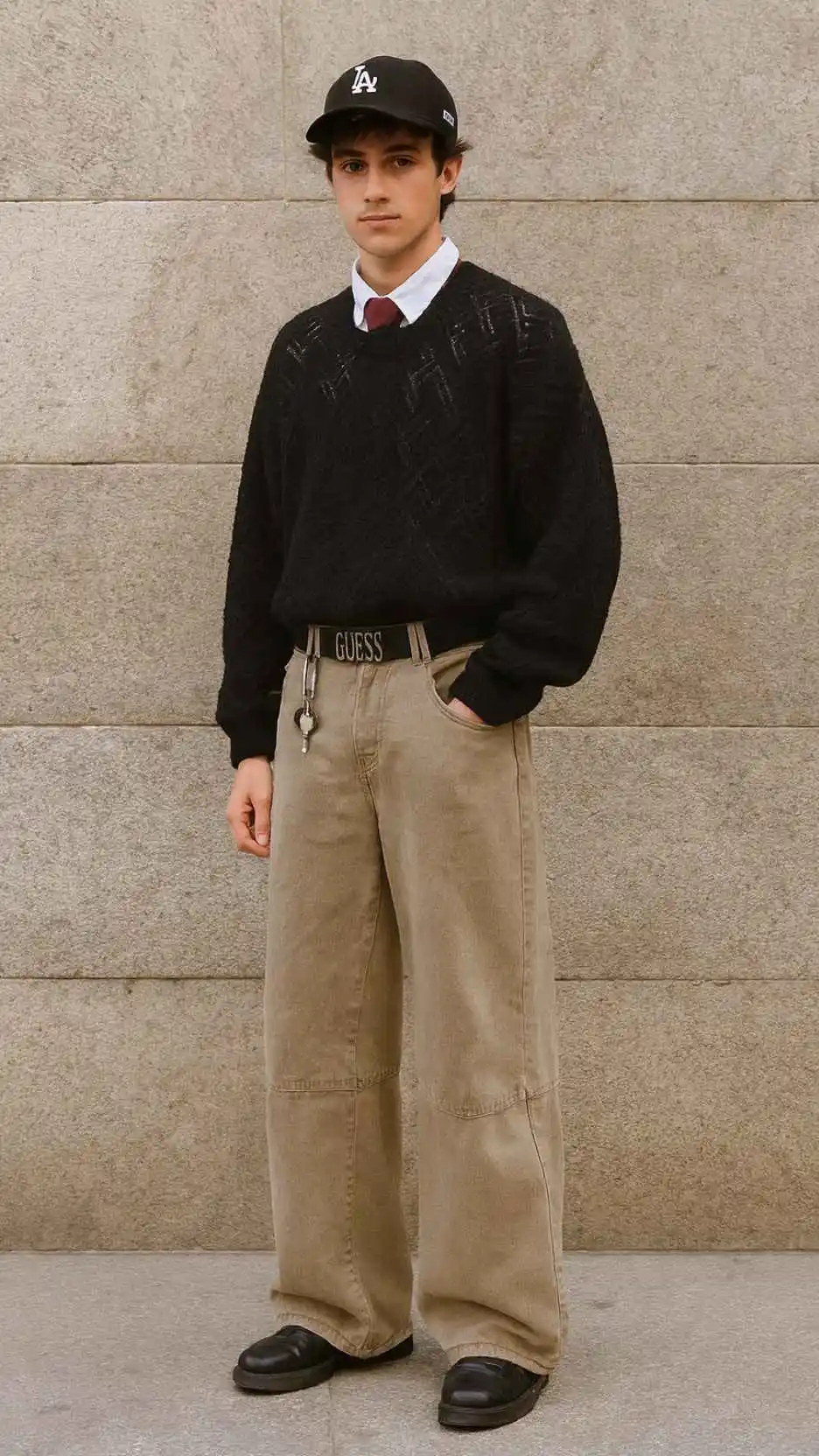 Black Open‑Knit Sweater + Sand Wide‑Wale Denim + Chunky Loafers