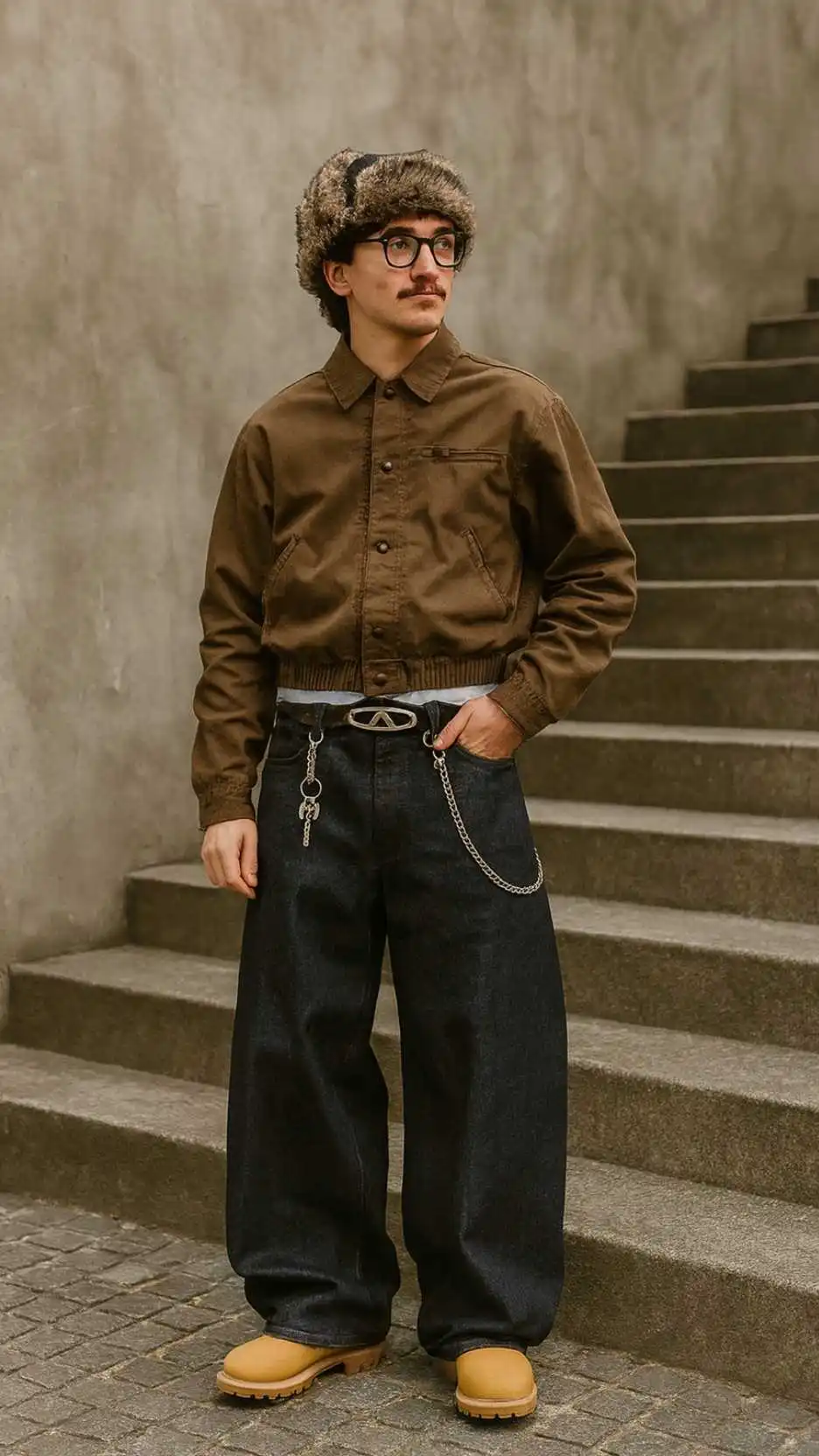 Cropped Brown Work Jacket + Raw Indigo Jeans + Wheat Nubuck Boots