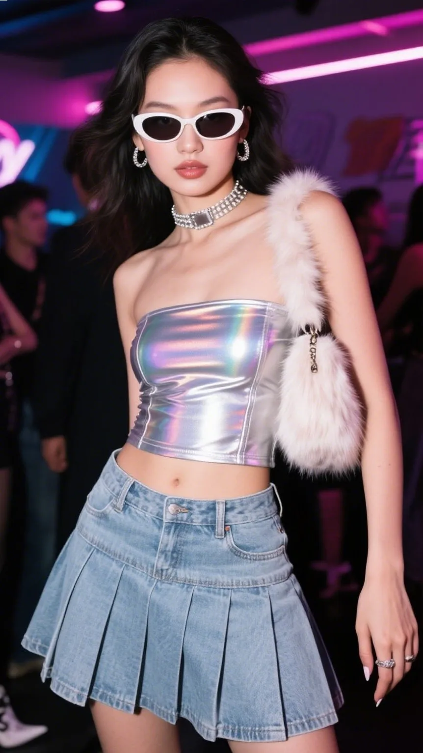 2. Metallic Tube Top + Micro Mini Skirt + Furry Shoulder Bag | Party Girl Energy