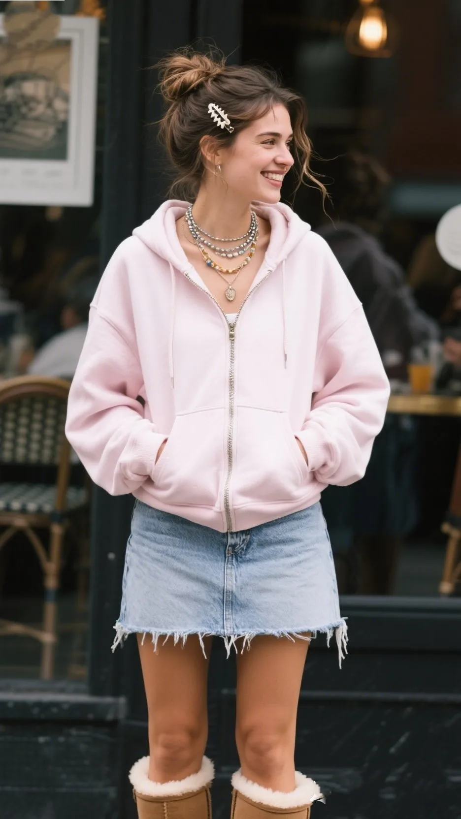4. Zip-Up Hoodie + Denim Mini + Uggs | Off-Duty Cool Girl